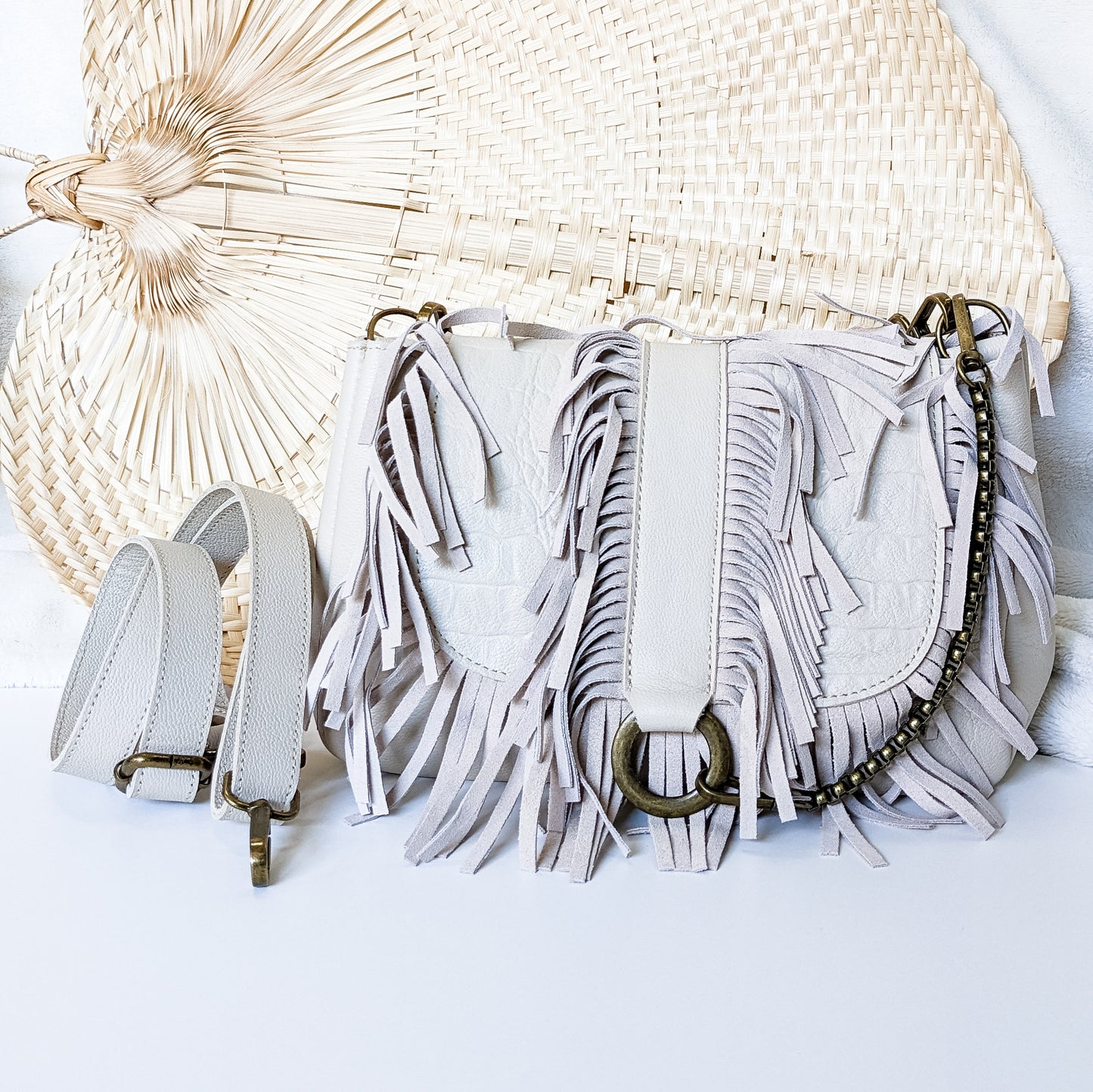 Sac Maluan " Médium Cuir Beige avec Franges "
