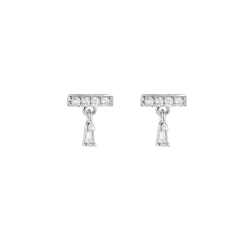 Boucles d'oreilles " Barrette zircons & pampille " Plaqué Argent
