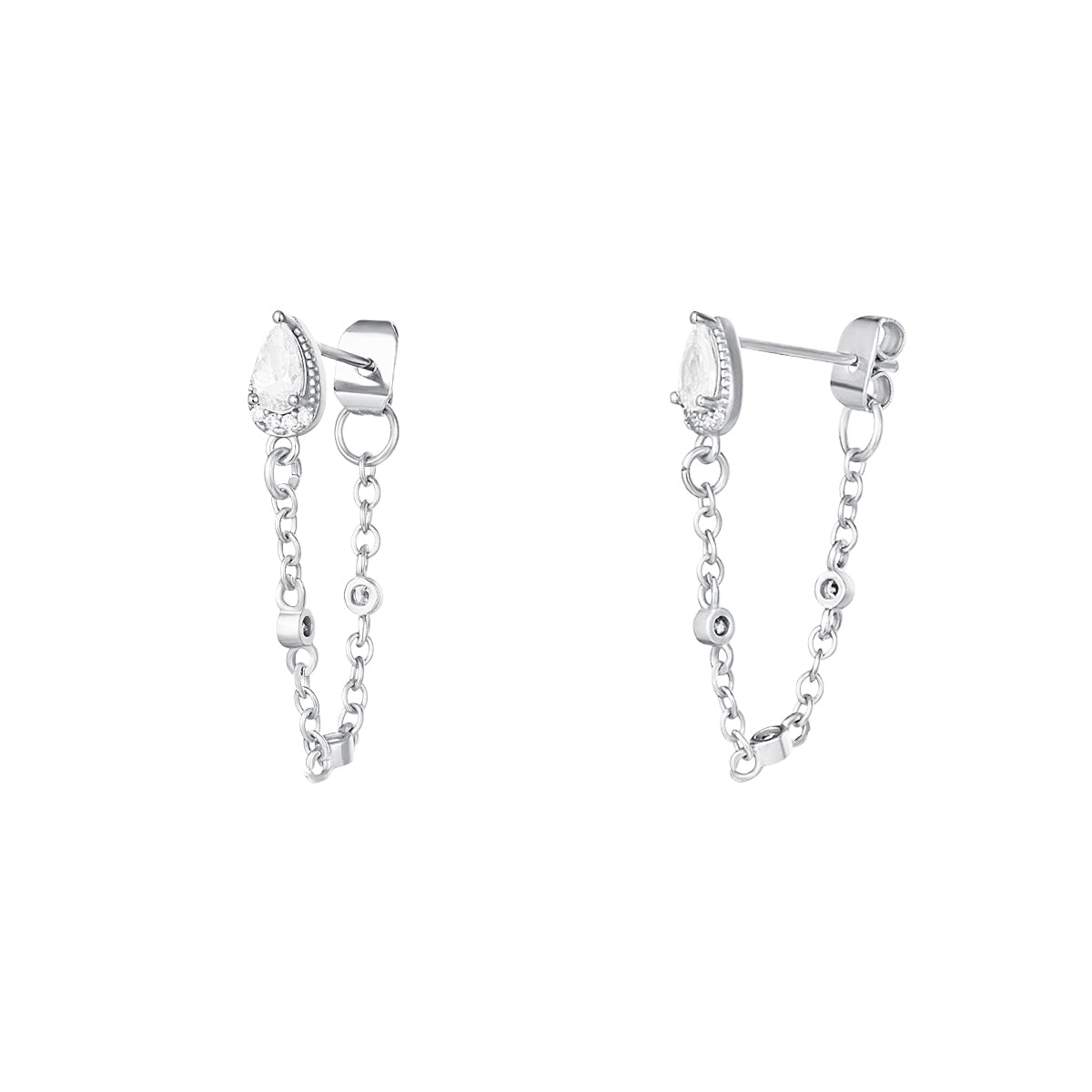 Boucles d'oreilles " Goutte & chainette zircons " Plaqué Argent