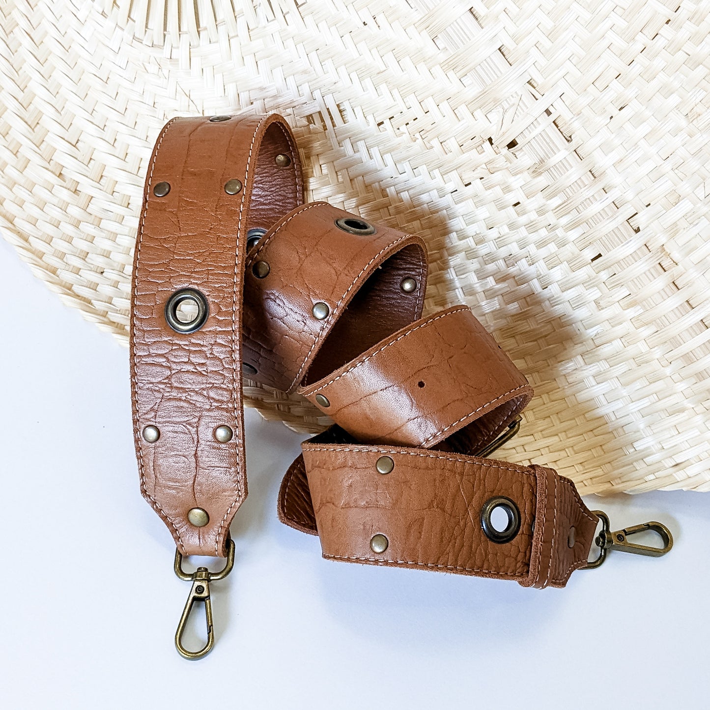Bandoulière Maluan " Large Cuir Camel Croco & Rivets "