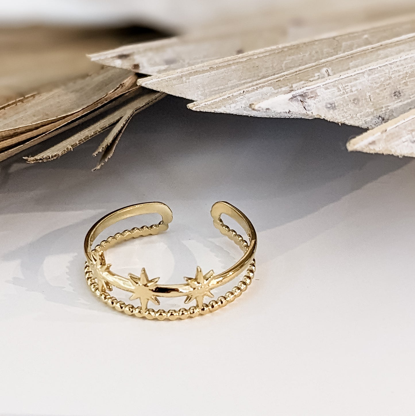 Bague ajustable " Double rangs Étoiles & Boules " Acier inoxydable + bain d'or