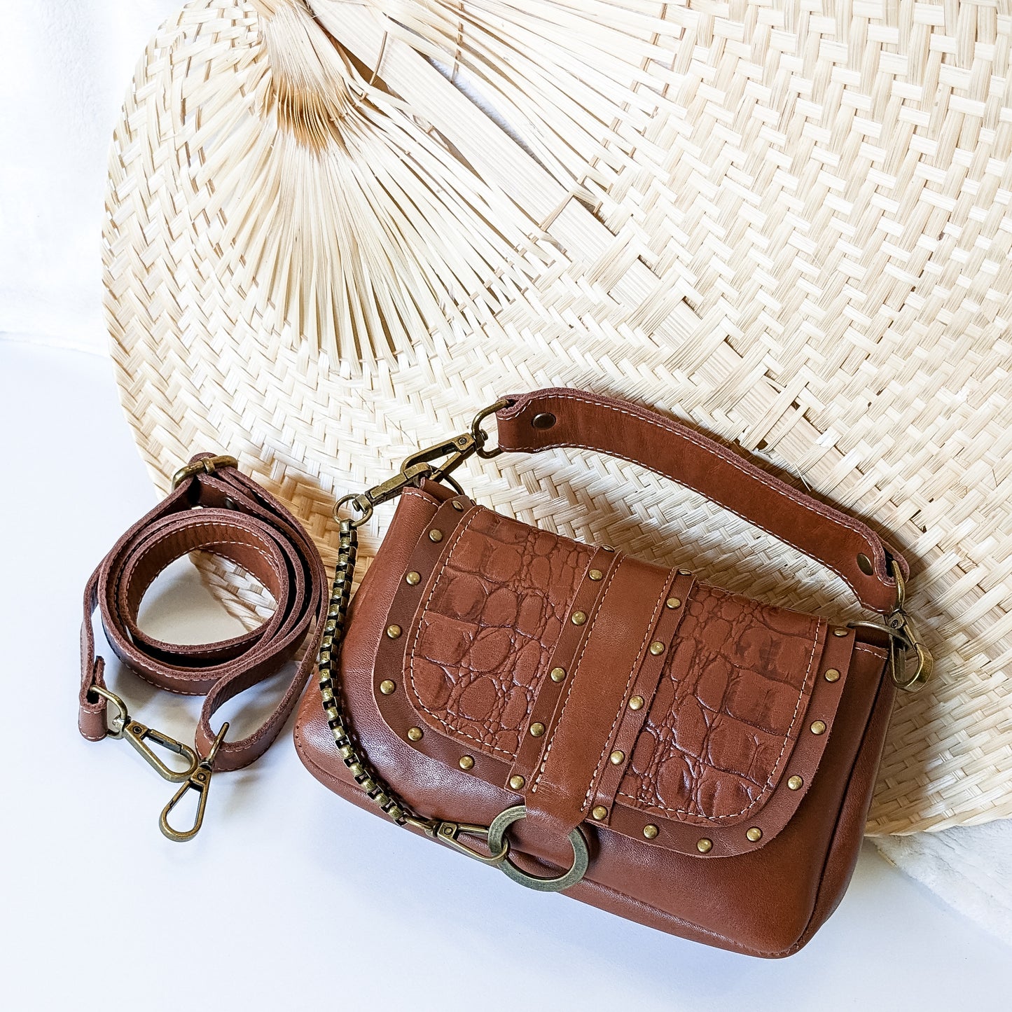 Sac Maluan " Small Cuir Marron Croco & rivet "