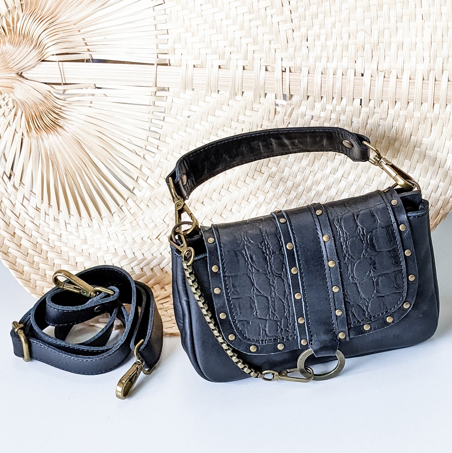 Sac Maluan " Small Cuir Noir Croco & rivet "