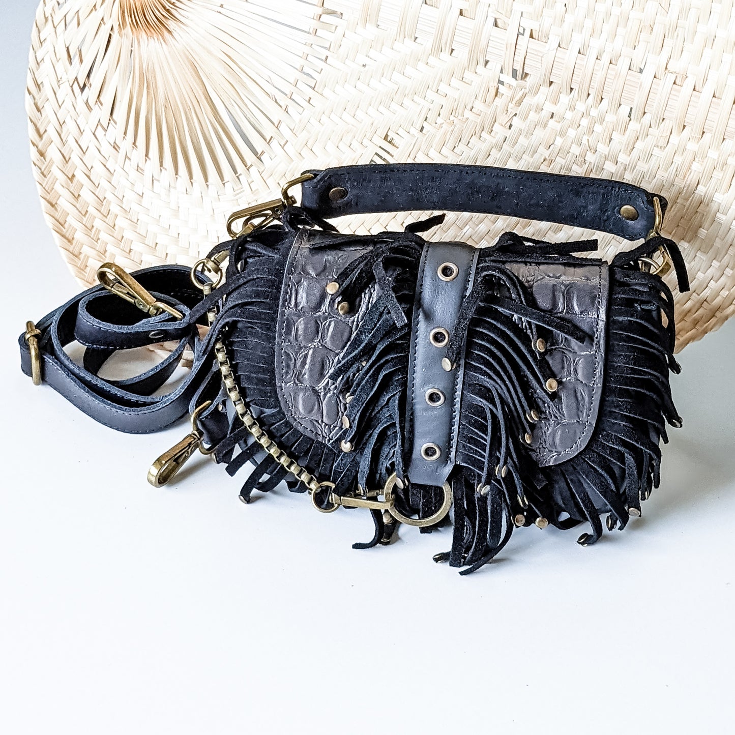 Sac Maluan " Small Cuir Noir Croco avec Franges "