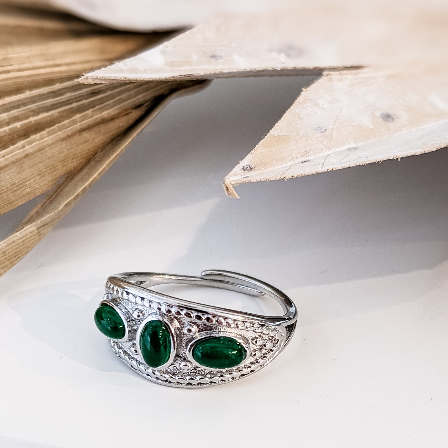 Bague ajustable " Triple Agate Verte " Acier inoxydable 316L