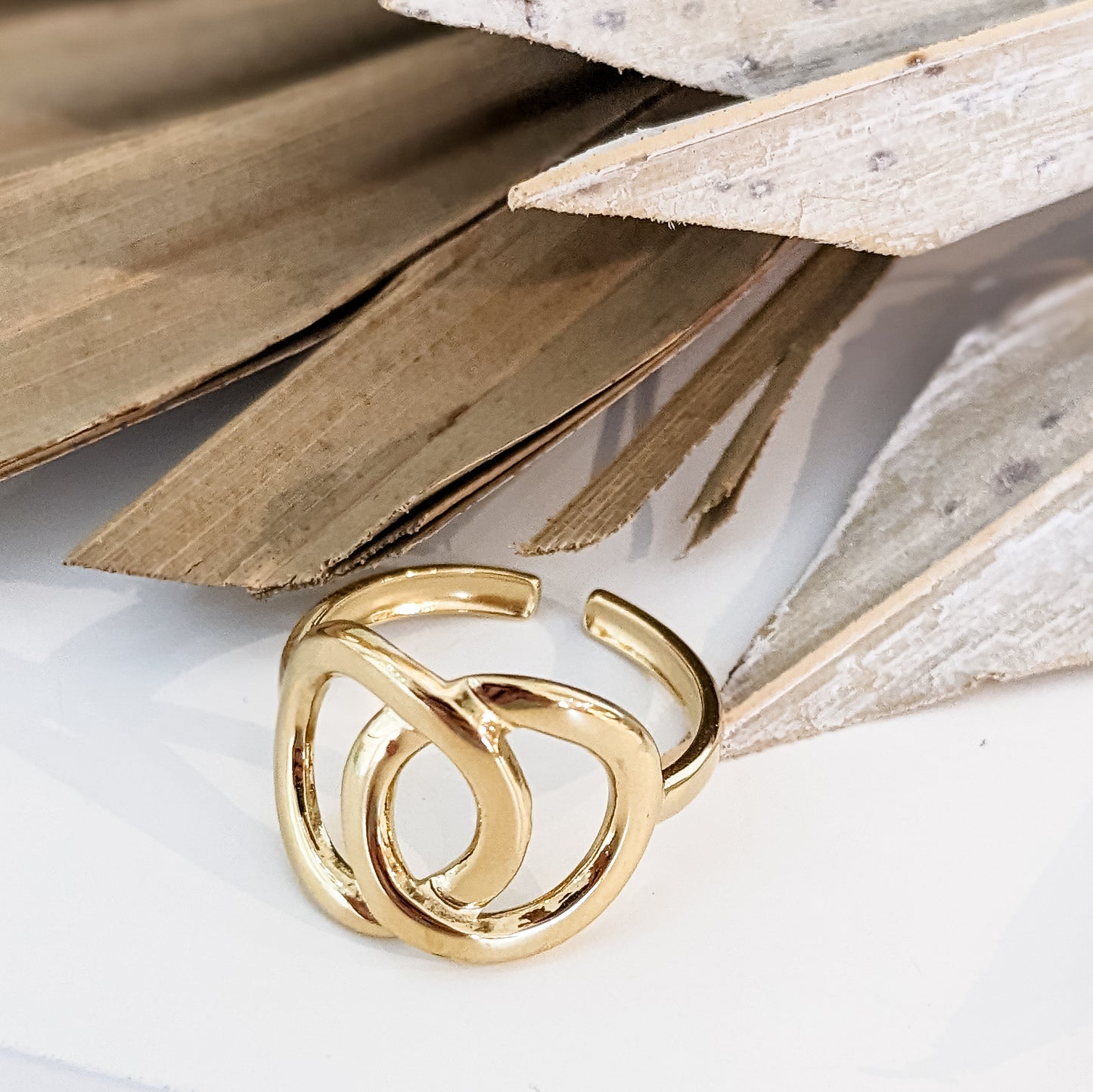 Bague ajustable " Double cercles " Acier inoxydable 316L + bain d'or
