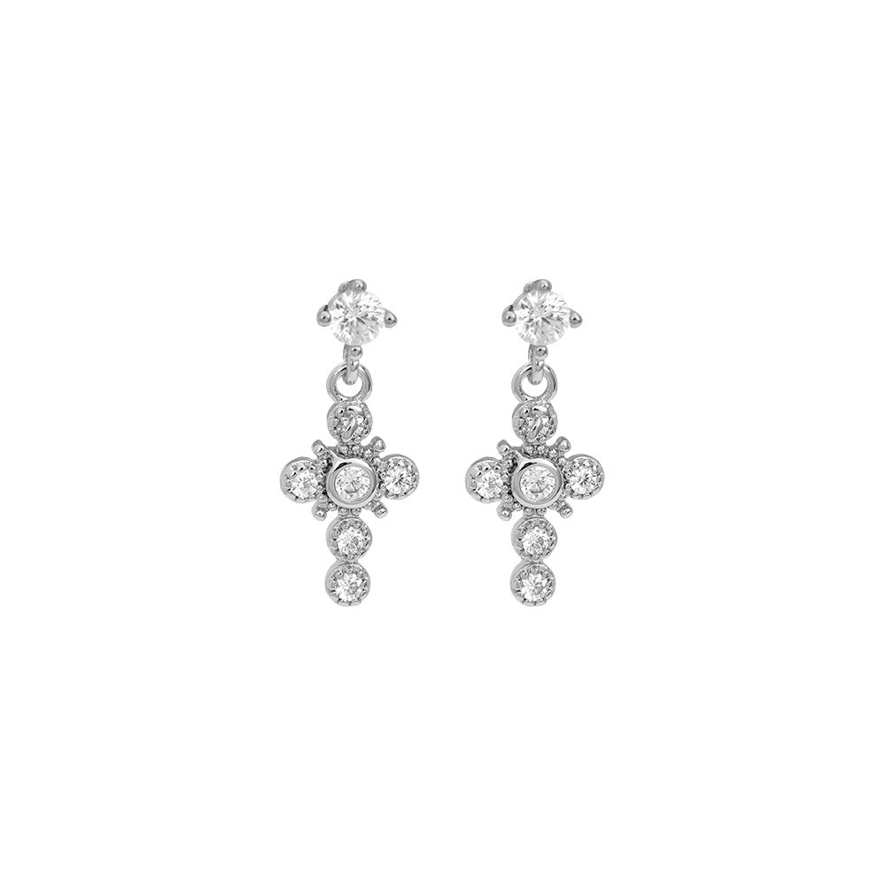 Boucles d'oreilles " Clous Croix Zircons " Plaqué Argent