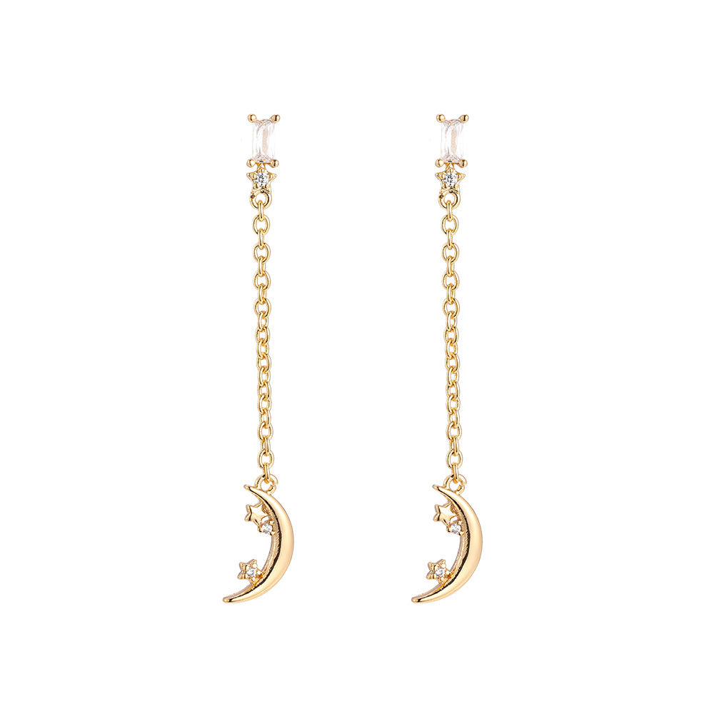 Boucles d'oreilles " Cube zircon avec chaînette & Lune " Plaqué Or