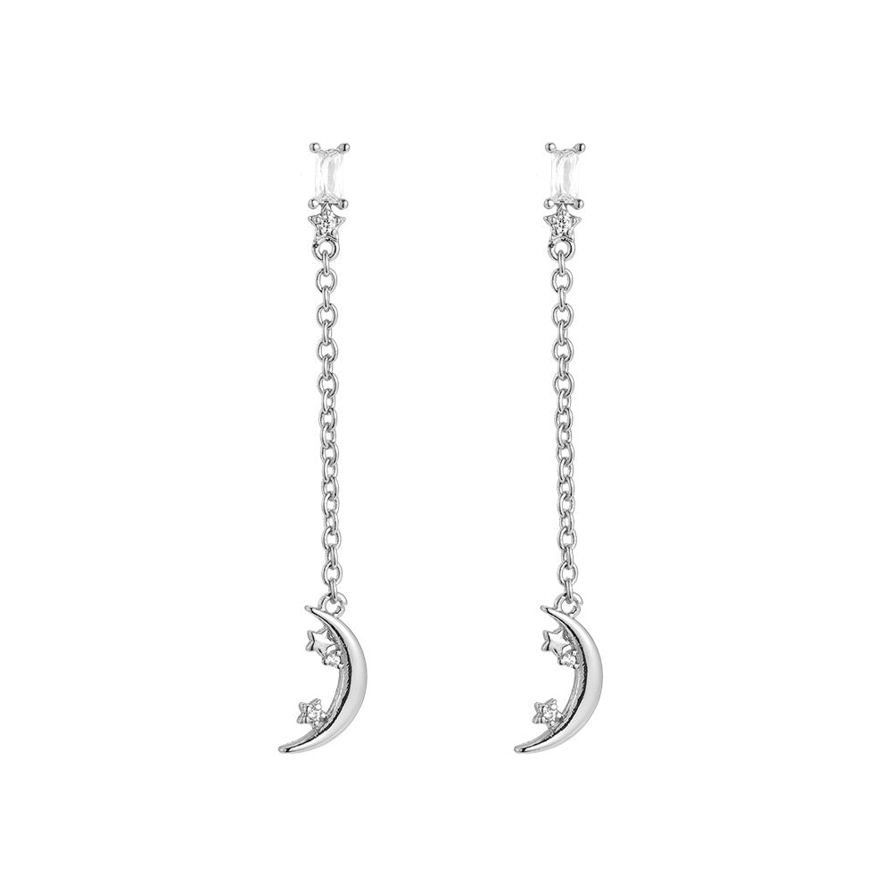 Boucles d'oreilles " Cube zircon avec chaînette & Lune " Plaqué Argent