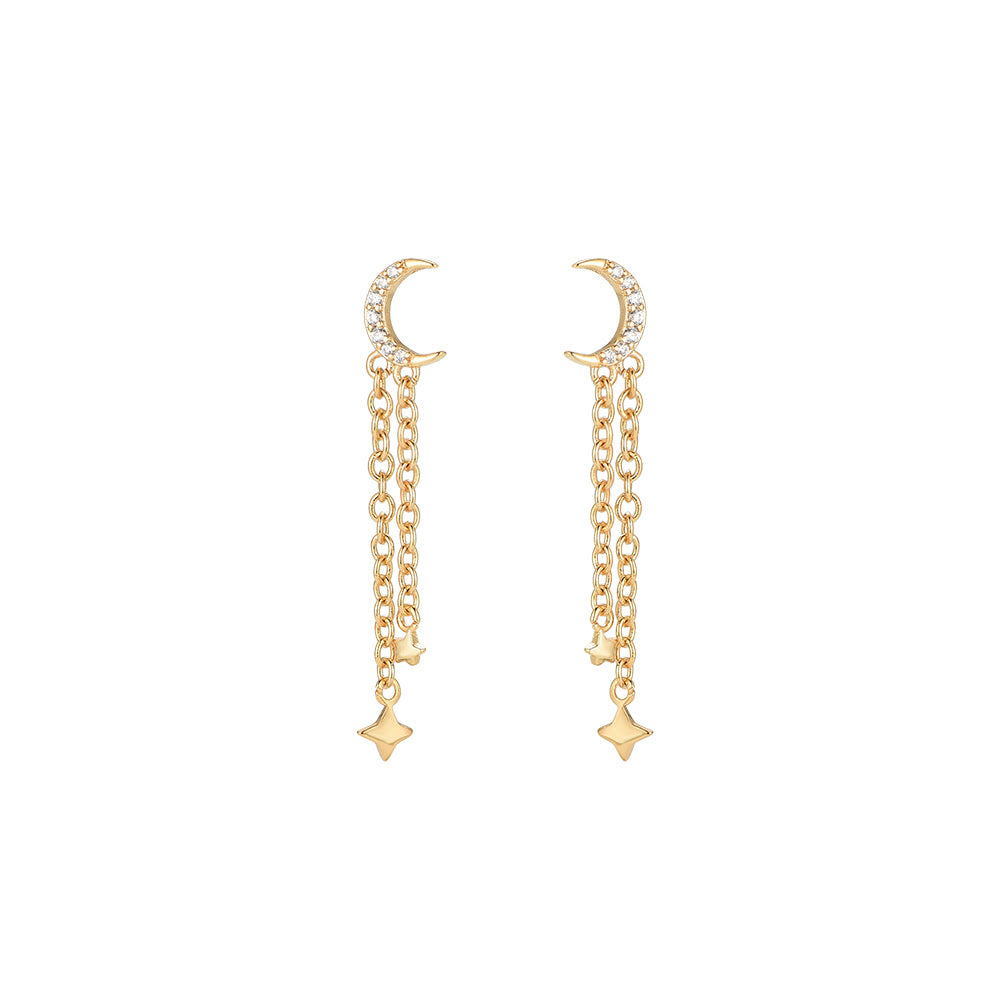 Boucles d'oreilles " Lune zircons chaînette étoiles " Plaqué Or