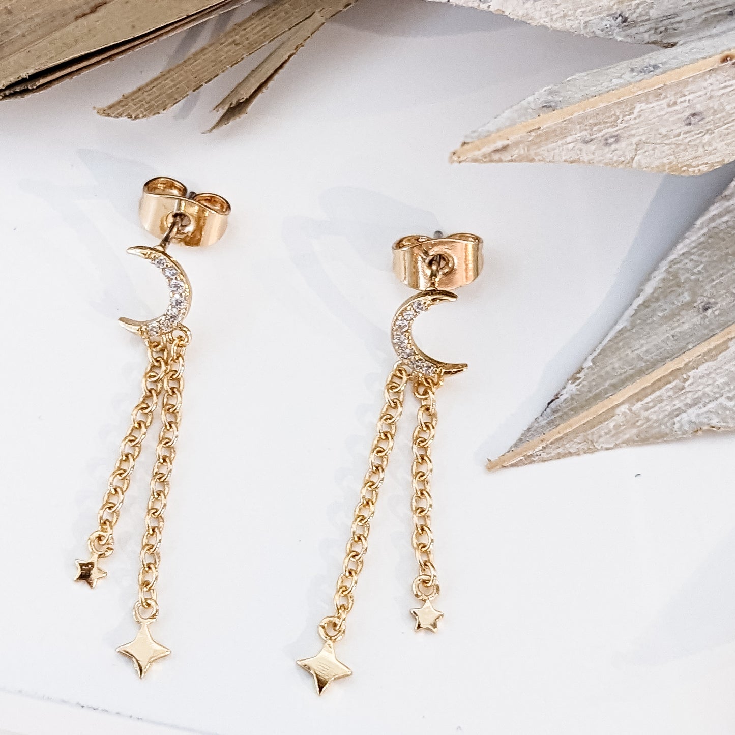 Boucles d'oreilles " Lune zircons chaînette étoiles " Plaqué Or