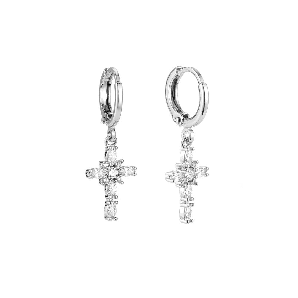 Boucles d'oreilles " Mini-créoles croix zircons " Plaqué Argent