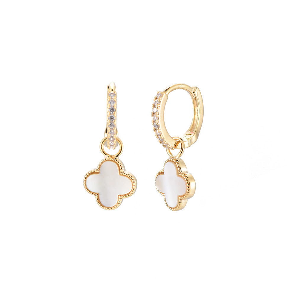 Boucles d'oreilles " Mini-créoles Trèfle nacre & zircons " Plaqué Or