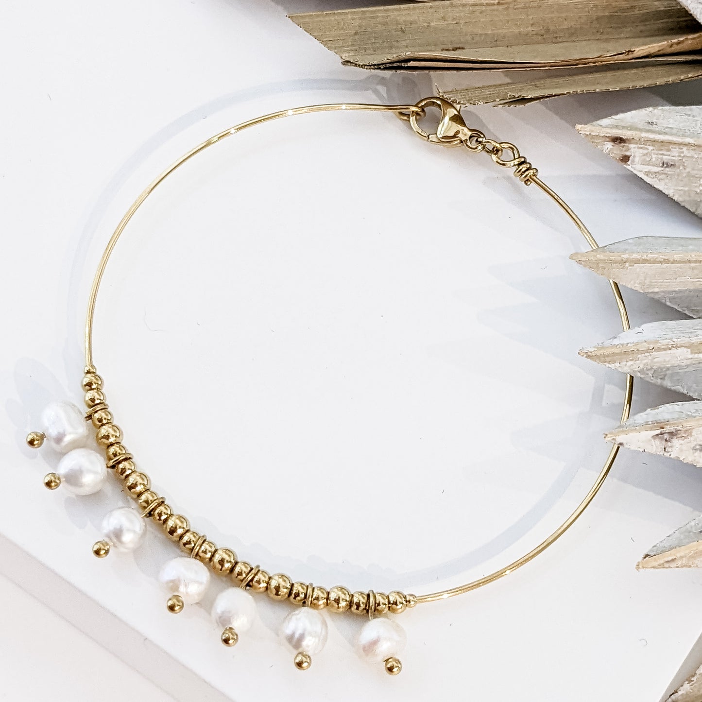 Bracelet " Jonc Nacré " Acier inoxydable 316L + bain d'or & Nacre