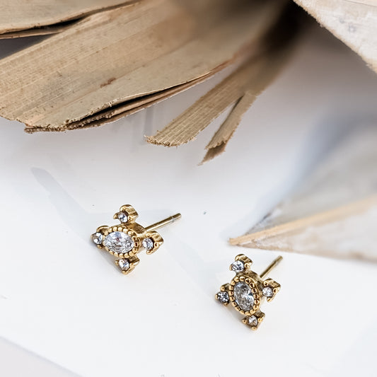 Boucles d'oreilles " Croix étoilées zircons " Acier inoxydable + bain d'or