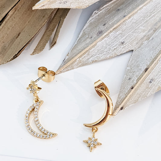Boucles d'oreilles " Dépareillées Lune Étoile zircons " Plaqué Or