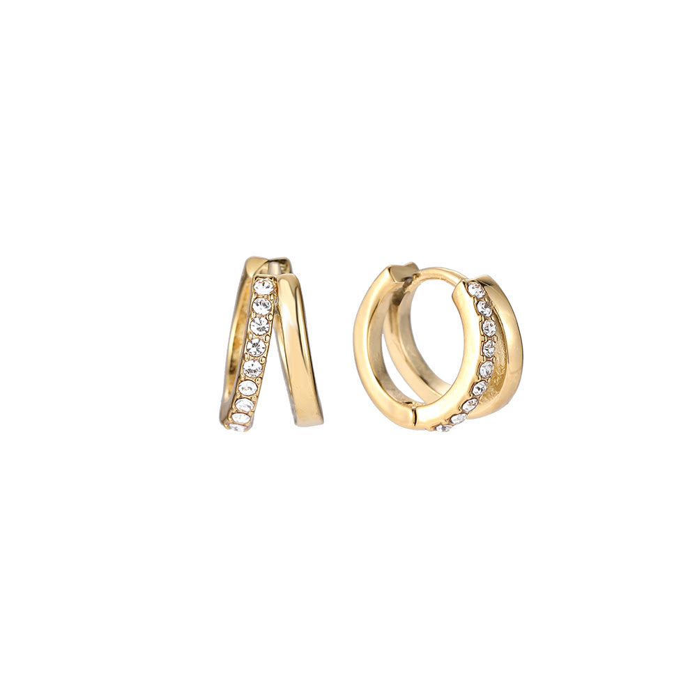 Boucles d'oreilles " Double anneaux zircons " Acier inoxydable + bain d'or