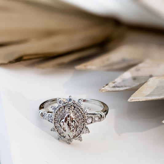 Bague ajustable " Madone Zircons " Plaqué Argent
